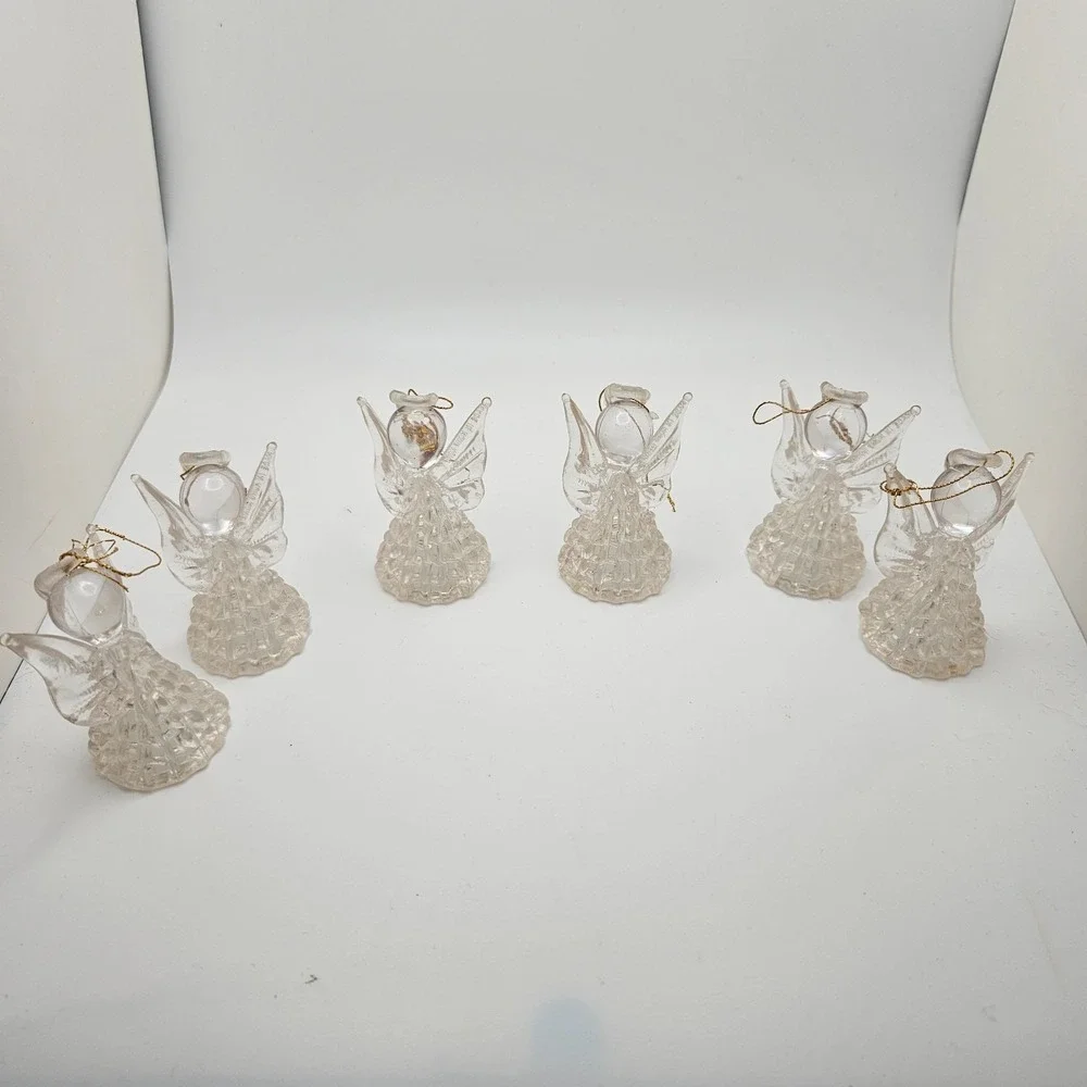 Vintage Yuletide Crystal Angels Ornament Set of 6 | Clear Plastic | Made in Hong